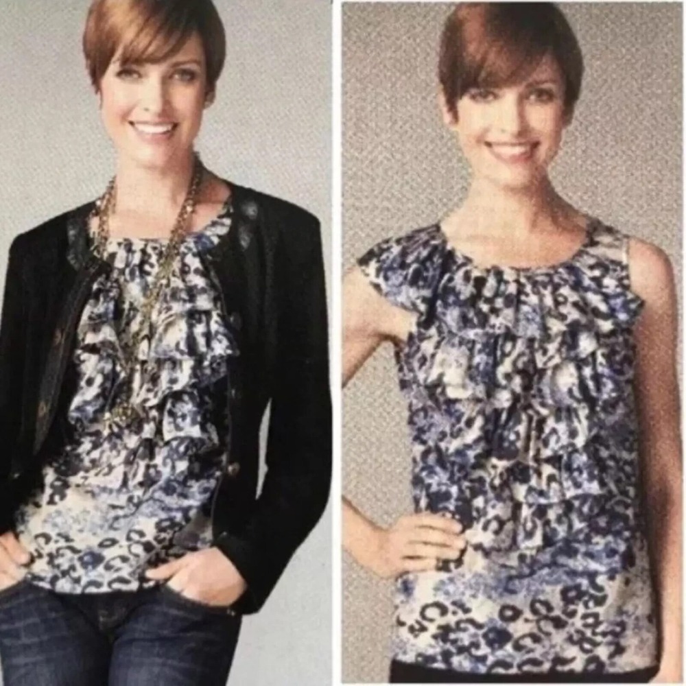 CABI #628 100% Silk Blouse Womens Sz XS Cascading Ruffle Printed Sleeveless Top